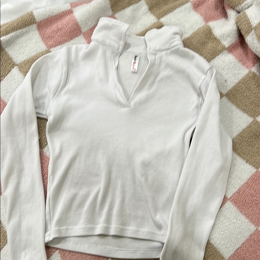 White Long Sleeve Tee with Stand Up Collar and Knitted Texture